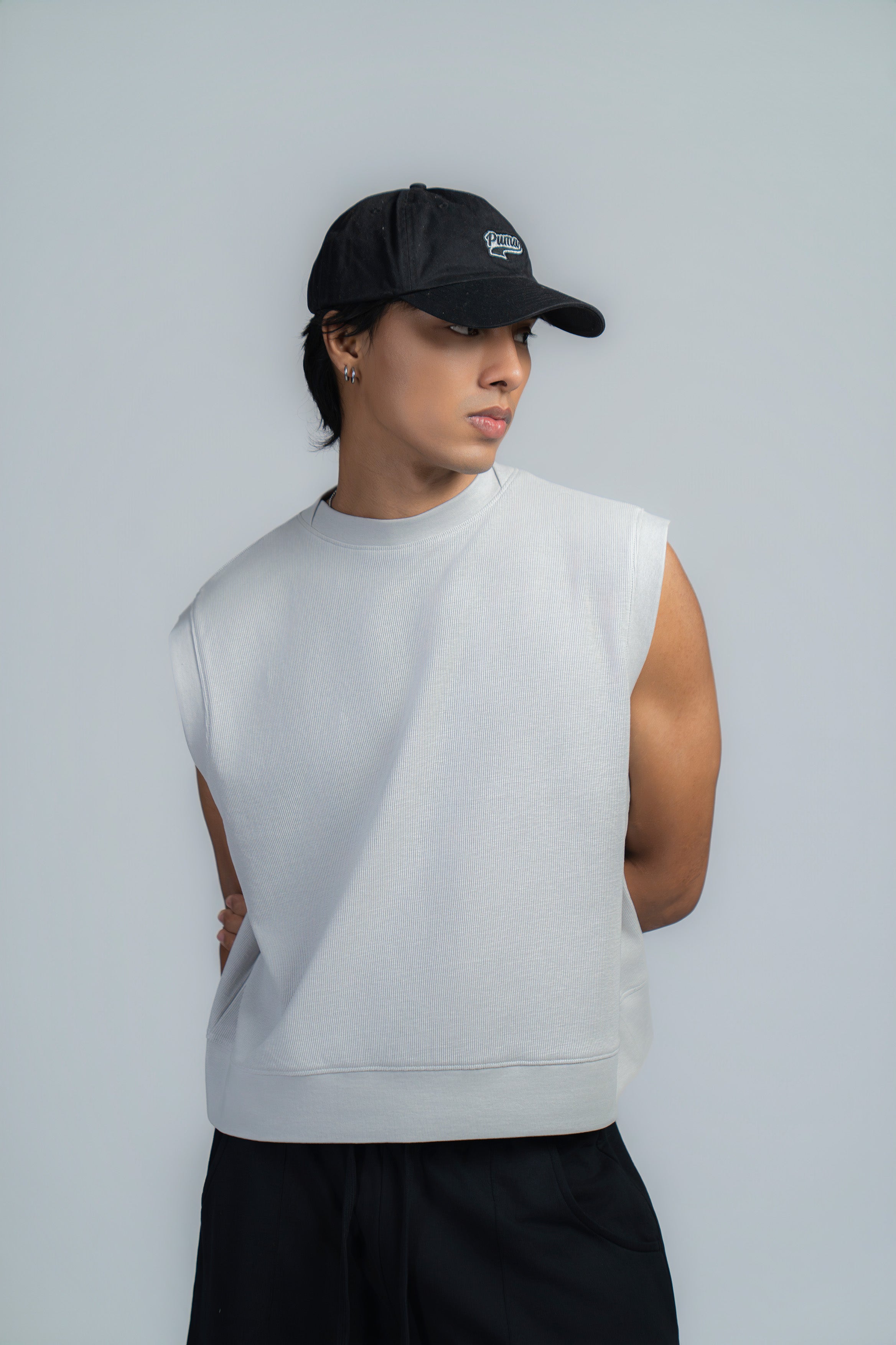 BASIC*B - GREY CROPPED BOXY WAFFLE VEST